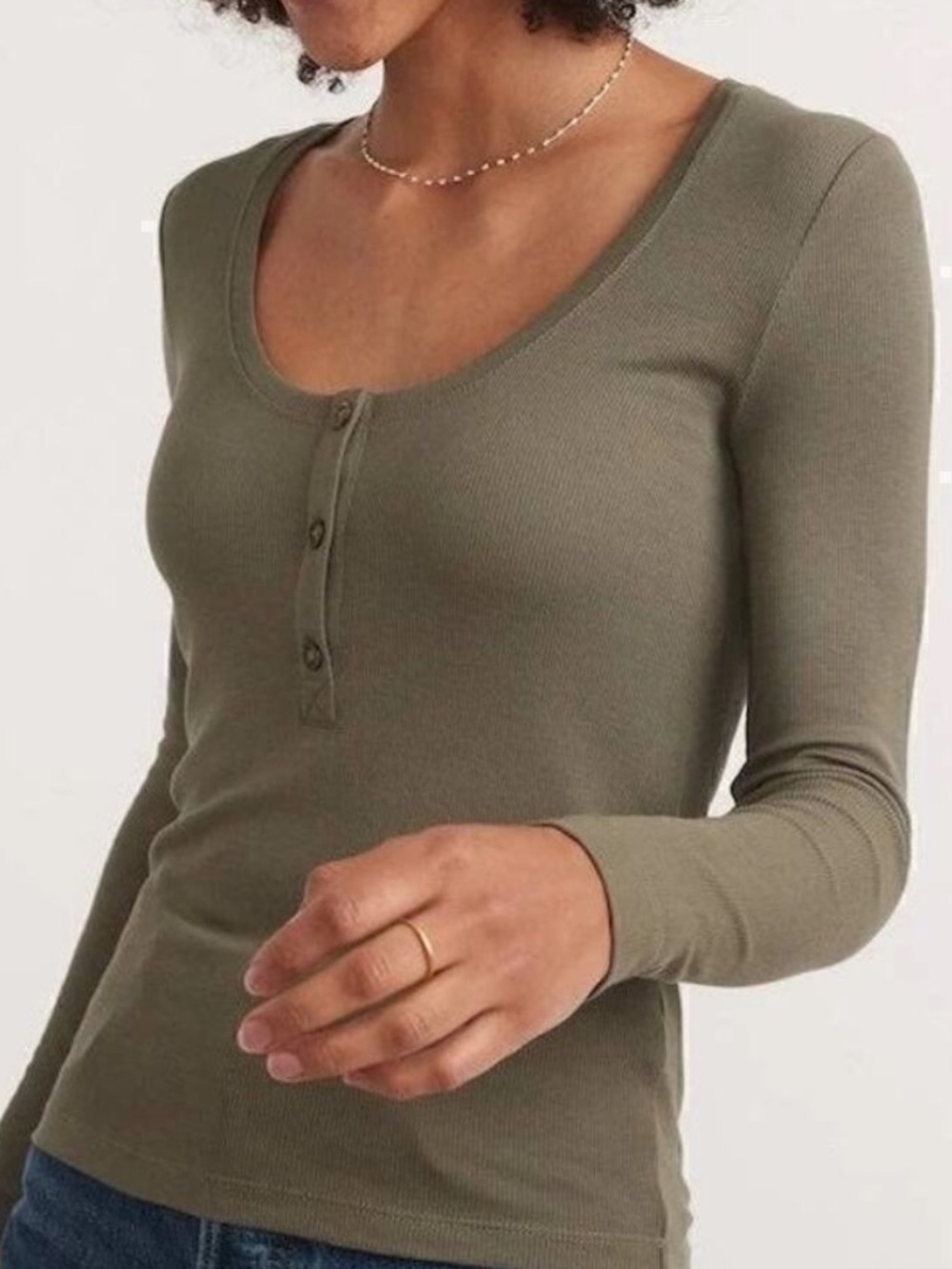 Marine Layer Lexi Top Rib Henley Scoop Neck Long Sleeve Tee Shirt in Olive Green